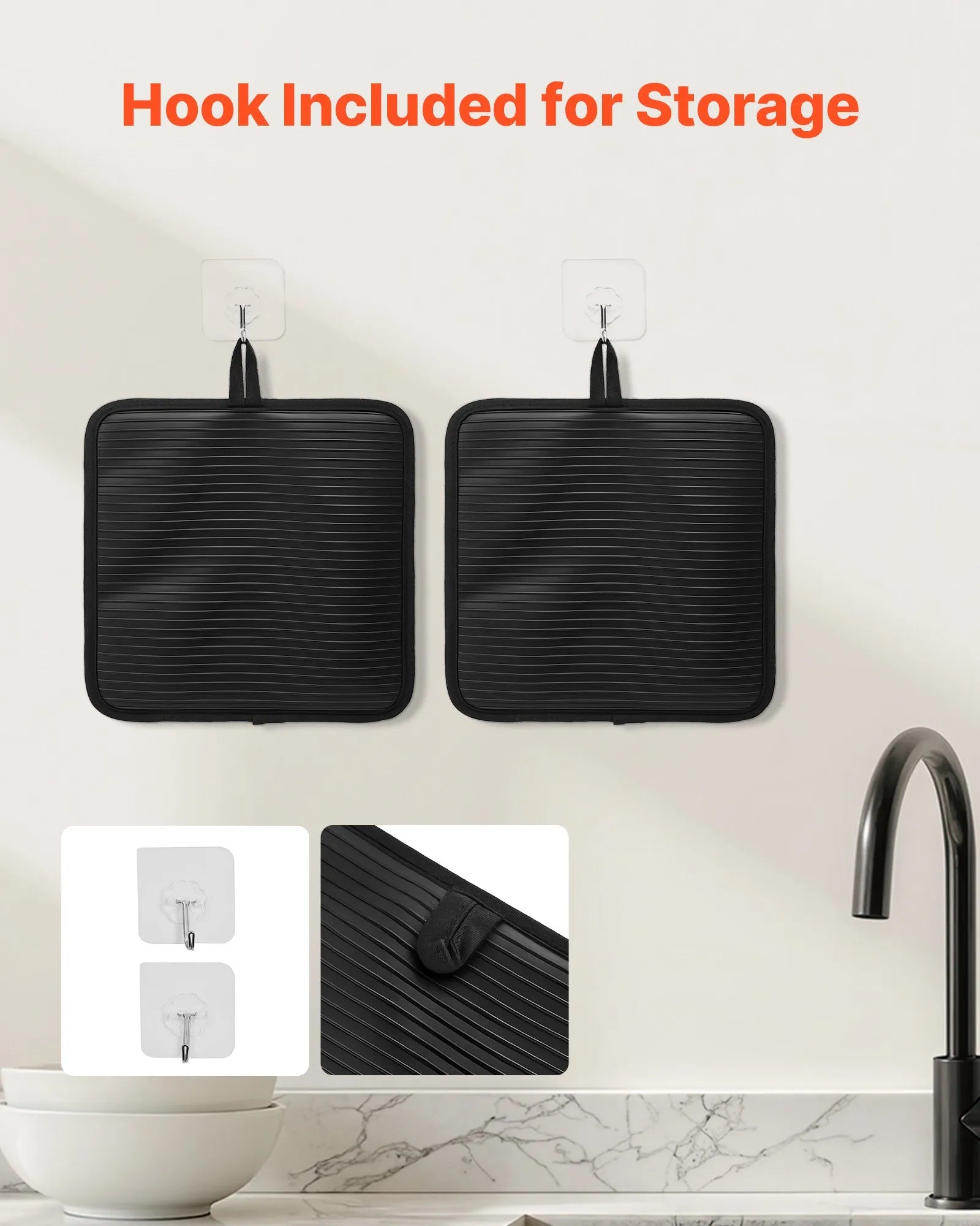 NEW Pot Holders, Heat Resistant to 500°F with Ribbed Soft Anti-Slip Silicone Strips, 100% Cotton 9.06 x 8.98 inch Hot Pads with 2 No-Marks Hooks, Washable Pot Trivets for Kitchen & Barbeque, 2 Pack