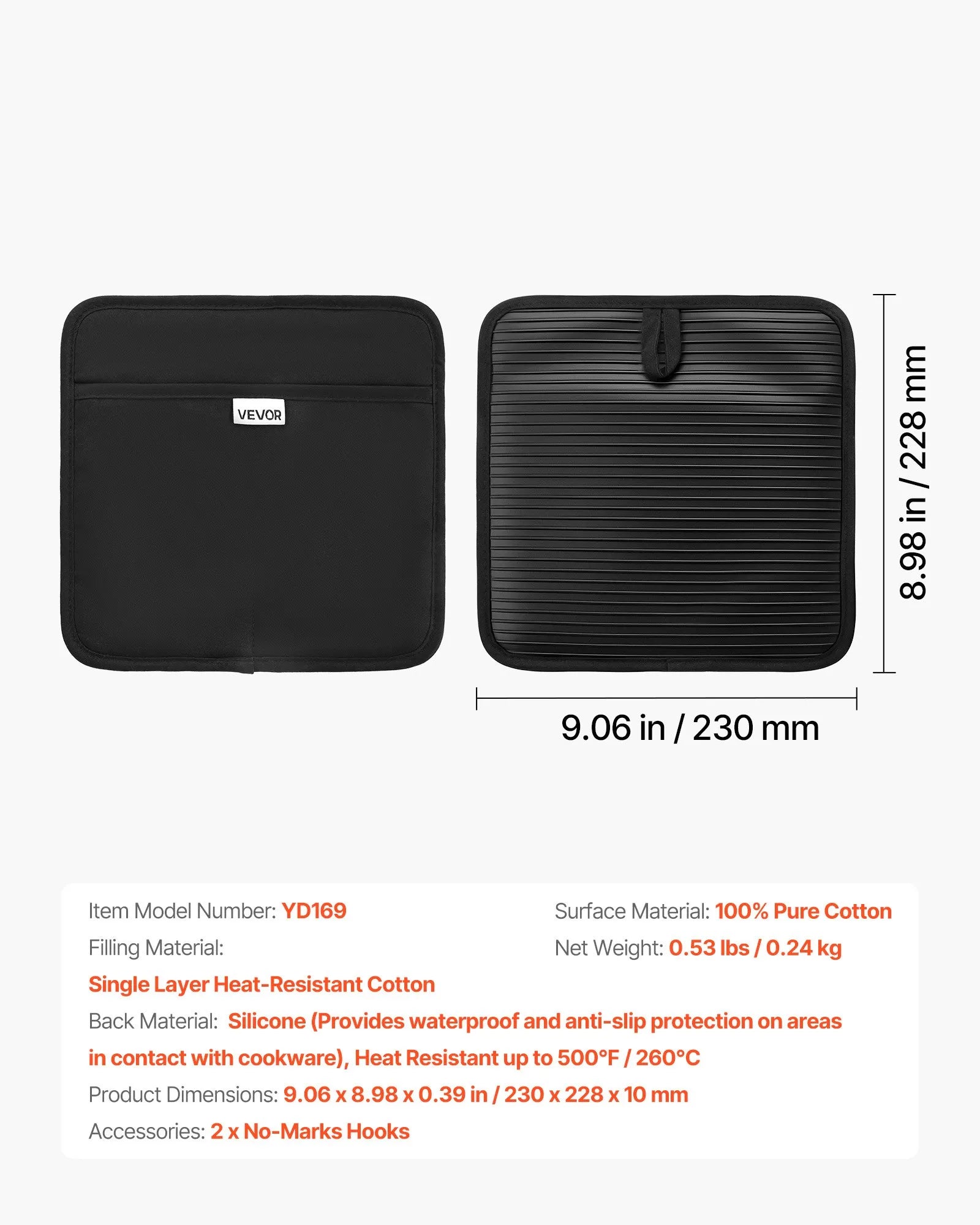 NEW Pot Holders, Heat Resistant to 500°F with Ribbed Soft Anti-Slip Silicone Strips, 100% Cotton 9.06 x 8.98 inch Hot Pads with 2 No-Marks Hooks, Washable Pot Trivets for Kitchen & Barbeque, 2 Pack