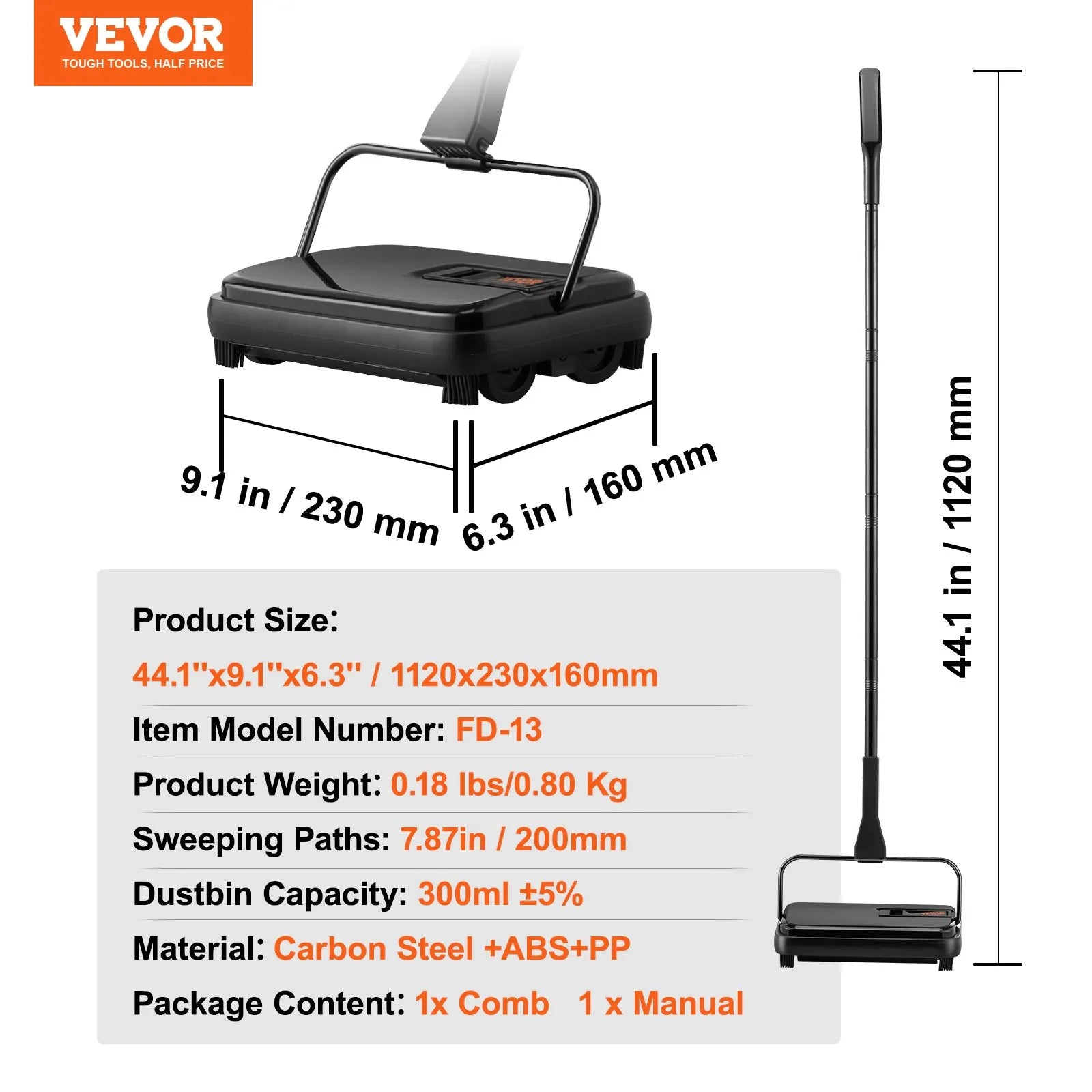 NEW Carpet Sweeper, 7.87 in Sweeping Paths, Floor Sweeper Manual Non Electric, 300 ml Dustbin Capacity with Comb for Home Office Rugs Hardwood Surfaces Wood Floors Laminate, Cleans Dust Pet Hair