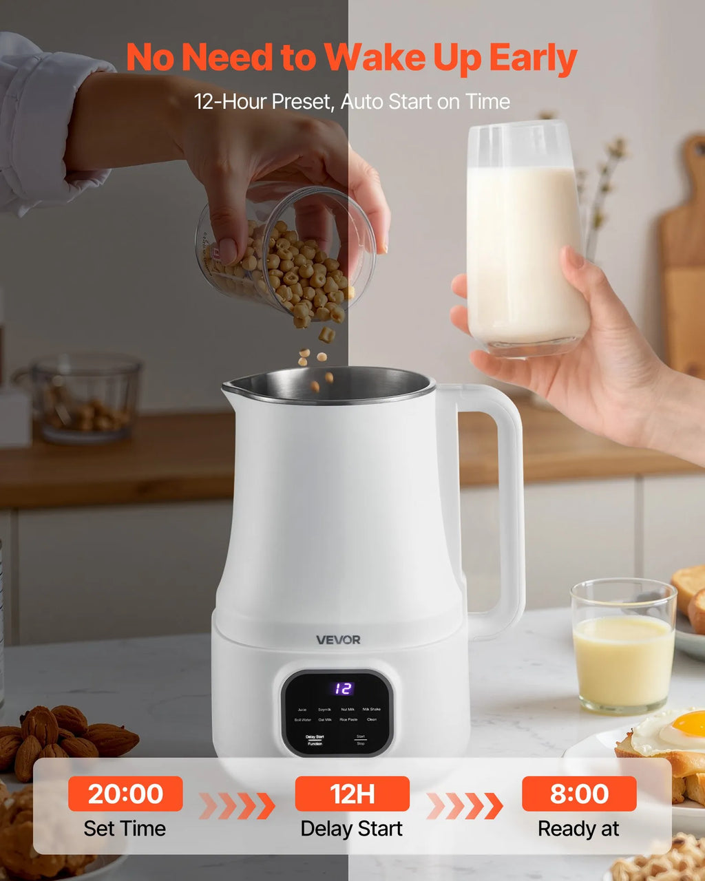 NEW 8-in-1 Nut Milk Maker, 34 oz Soy Milk Maker with 200W Blending, for Homemade Oat, Nut, Soy, Juice, Milkshake, Rice Cereal, Plant-Based Beverages with Self-Cleaning, Boil Water, 12-Hour Delay