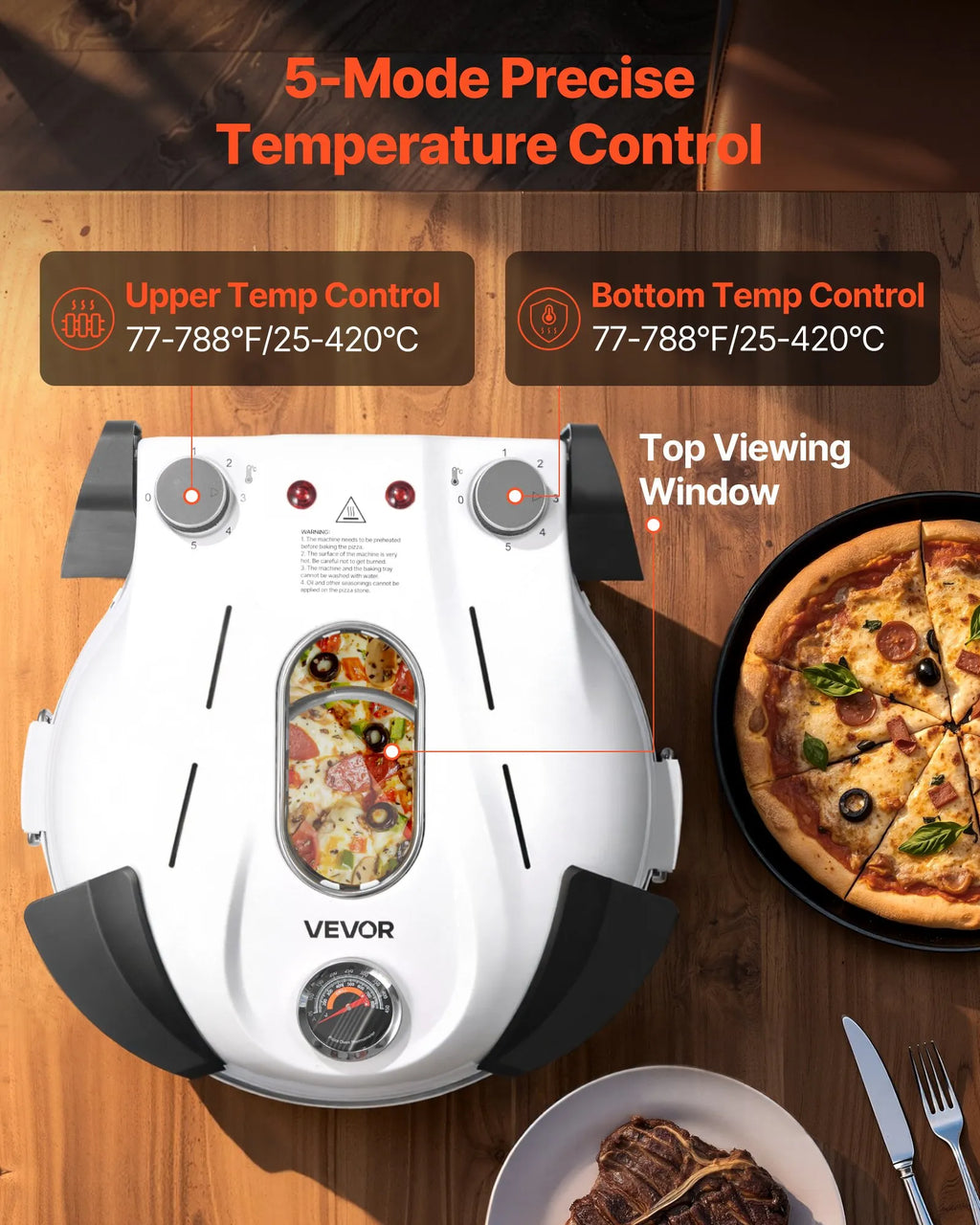 NEW Pizza Oven, 12 in Electric Pizza Maker, 1200W Electric Pizzas Cooker with Cordierite Stone, 5-Mode Temperature Control, Viewing Window for Precise Cooking, Heats up to 788 ˚F, for Home (White)