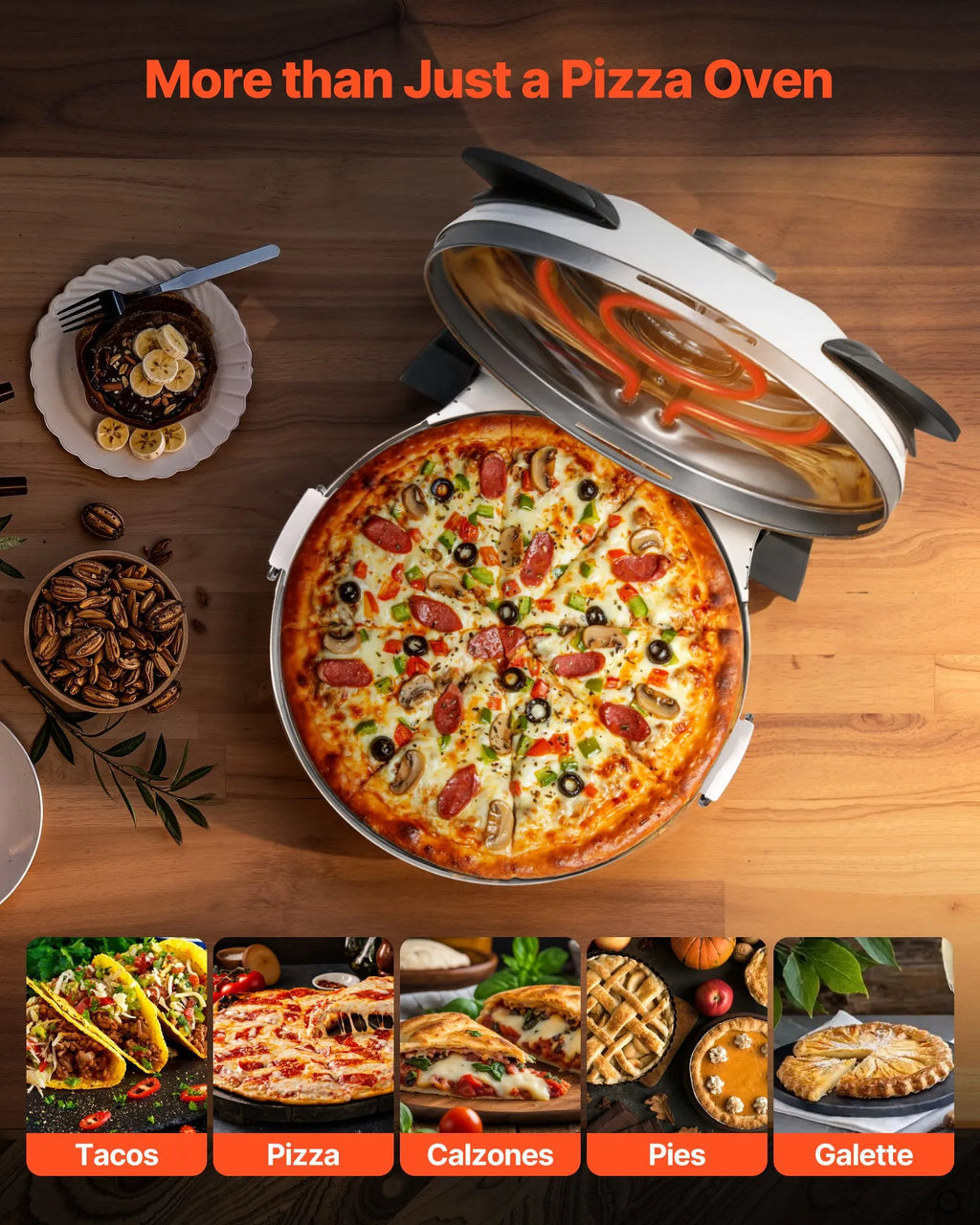 NEW Pizza Oven, 12 in Electric Pizza Maker, 1200W Electric Pizzas Cooker with Cordierite Stone, 5-Mode Temperature Control, Viewing Window for Precise Cooking, Heats up to 788 ˚F, for Home (White)