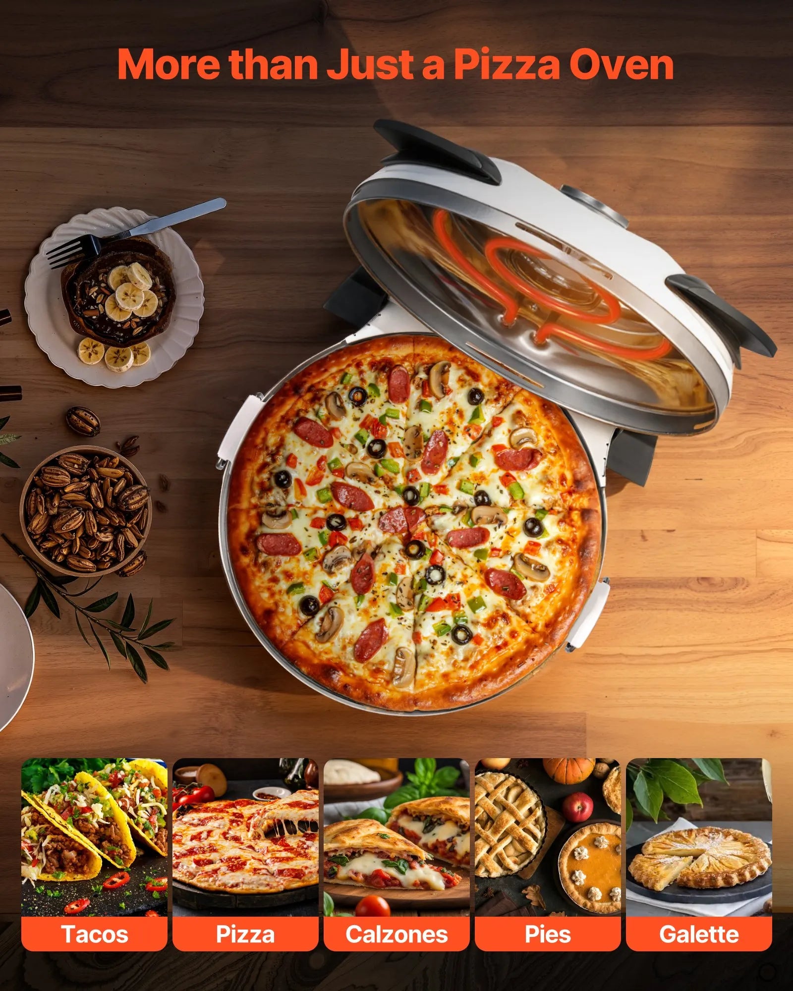 NEW Pizza Oven, 12 in Electric Pizza Maker, 1200W Electric Pizzas Cooker with Cordierite Stone, 5-Mode Temperature Control, Viewing Window for Precise Cooking, Heats up to 788 ˚F, for Home (White)