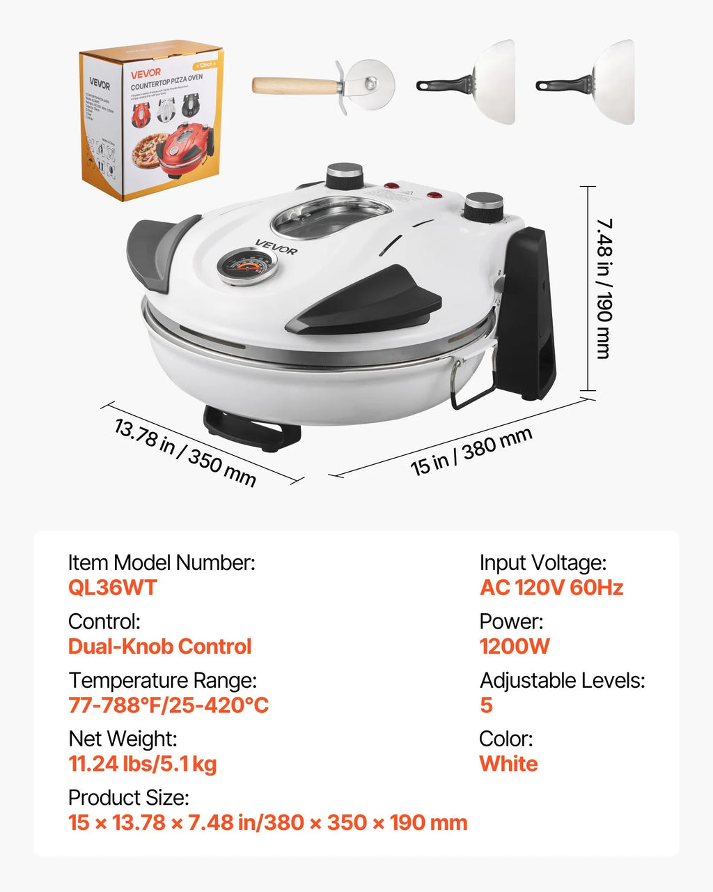 NEW Pizza Oven, 12 in Electric Pizza Maker, 1200W Electric Pizzas Cooker with Cordierite Stone, 5-Mode Temperature Control, Viewing Window for Precise Cooking, Heats up to 788 ˚F, for Home (White)