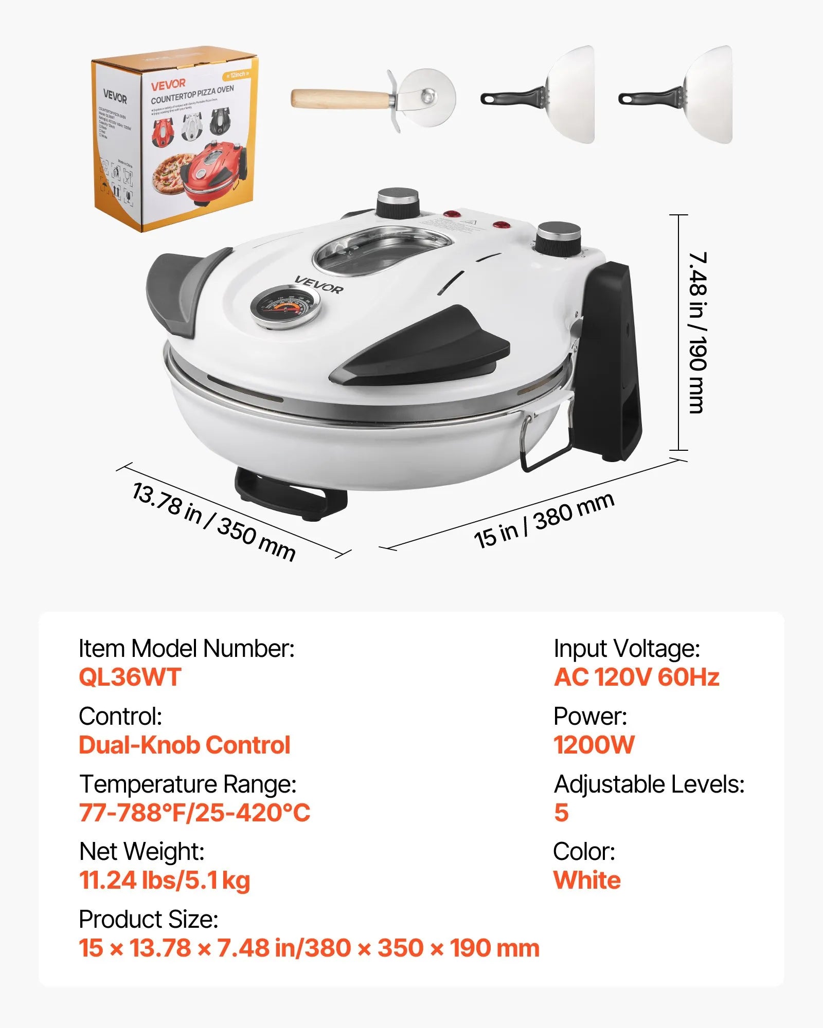 NEW Pizza Oven, 12 in Electric Pizza Maker, 1200W Electric Pizzas Cooker with Cordierite Stone, 5-Mode Temperature Control, Viewing Window for Precise Cooking, Heats up to 788 ˚F, for Home (White)