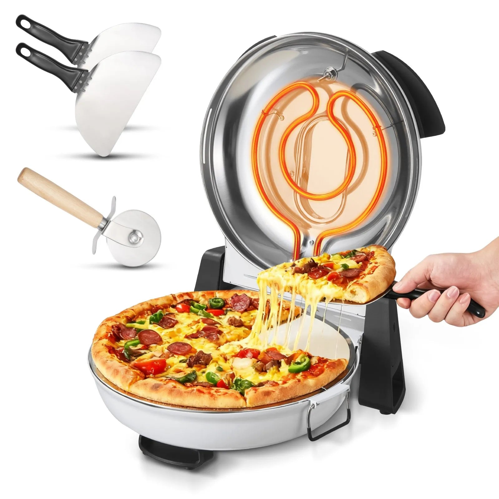 NEW Pizza Oven, 12 in Electric Pizza Maker, 1200W Electric Pizzas Cooker with Cordierite Stone, 5-Mode Temperature Control, Viewing Window for Precise Cooking, Heats up to 788 ˚F, for Home (White)
