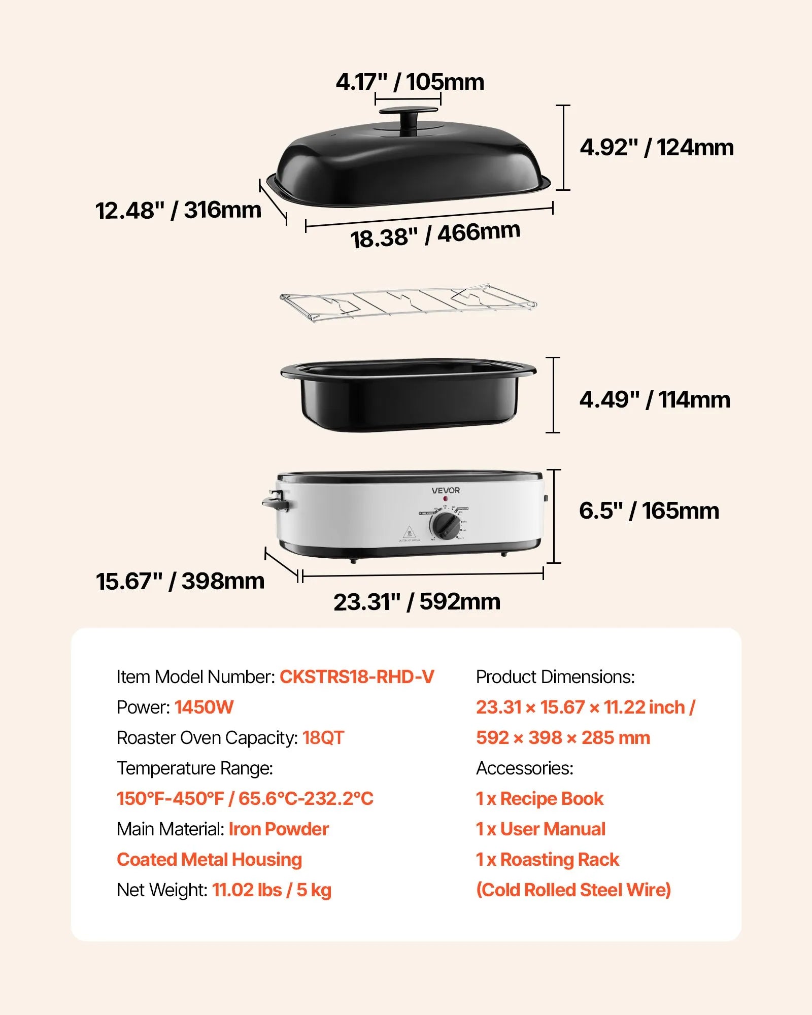 NEW Roaster Oven, 18QT Electric Roaster Oven, 150-450℉ Adjustable Temperature Electric Roasting Pan, Multifunctional Electric Roasters Oven with Self-Basting Lid, Removable Pan and Rack for Holiday
