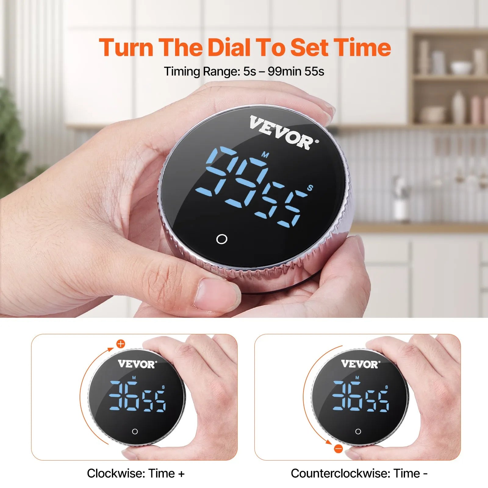 NEW Digital Kitchen Timer, Magnetic Countdown Countup Timer with 3-inch Large LED Display, 3 Volume Levels & 2 Lighting Modes, Digital Visual Timer Ideal for Cooking Classroom Studying Fitness