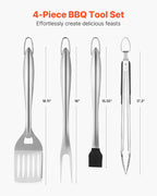 NEW Grilling Accessories, 4PCS BBQ Grill Tool Set, Heavy Duty Stainless Steel Barbecue Tools, Kitchen Utensils with Tong, Spatula, Fork, Brush, for Outdoor Grills, Gift for Father Men Husband