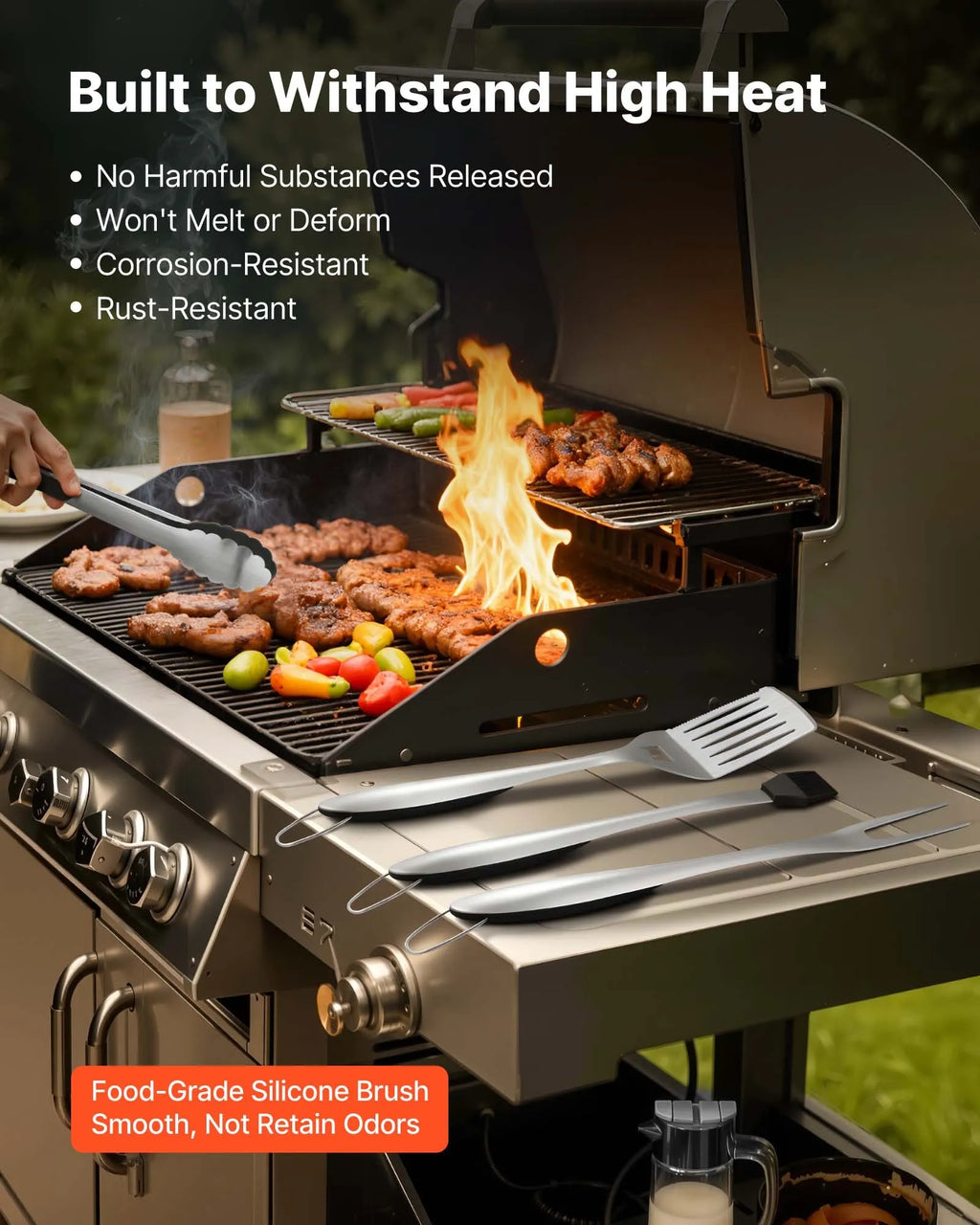 NEW Grilling Accessories, 4PCS BBQ Grill Tool Set, Heavy Duty Stainless Steel Barbecue Tools, Kitchen Utensils with Tong, Spatula, Fork, Brush, for Outdoor Grills, Gift for Father Men Husband