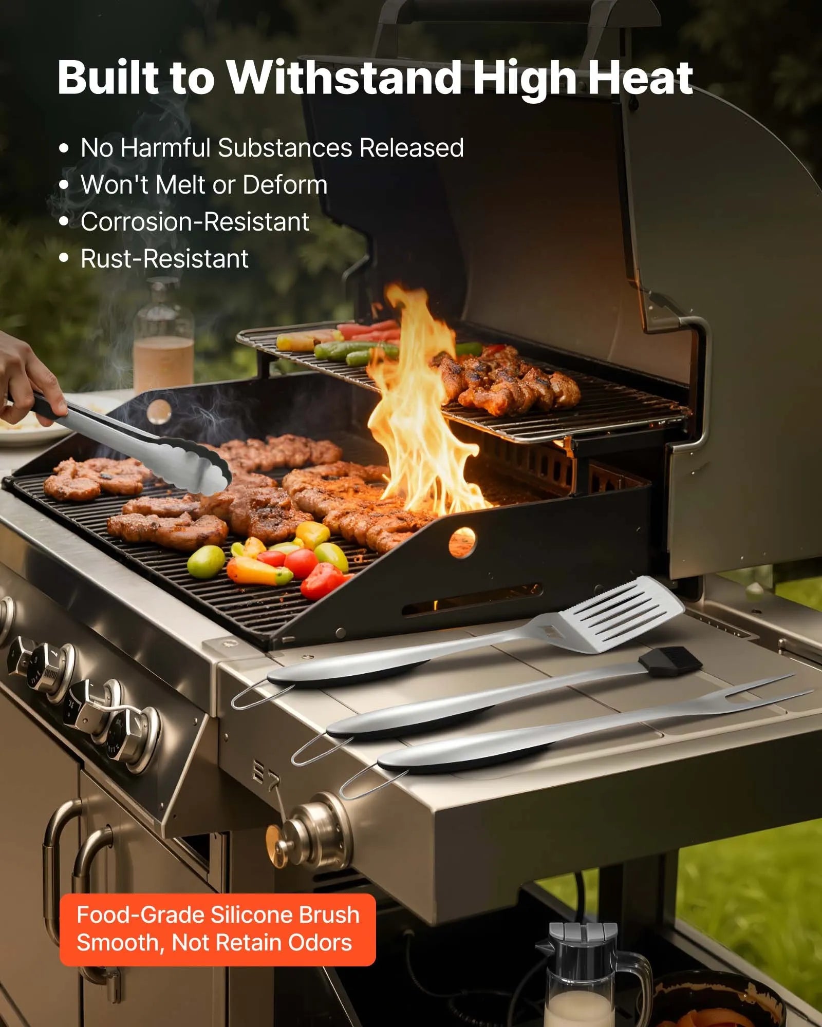 NEW Grilling Accessories, 4PCS BBQ Grill Tool Set, Heavy Duty Stainless Steel Barbecue Tools, Kitchen Utensils with Tong, Spatula, Fork, Brush, for Outdoor Grills, Gift for Father Men Husband