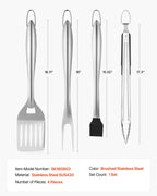 NEW Grilling Accessories, 4PCS BBQ Grill Tool Set, Heavy Duty Stainless Steel Barbecue Tools, Kitchen Utensils with Tong, Spatula, Fork, Brush, for Outdoor Grills, Gift for Father Men Husband