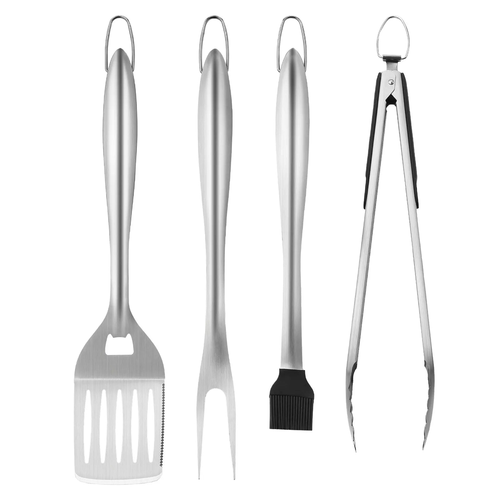 NEW Grilling Accessories, 4PCS BBQ Grill Tool Set, Heavy Duty Stainless Steel Barbecue Tools, Kitchen Utensils with Tong, Spatula, Fork, Brush, for Outdoor Grills, Gift for Father Men Husband