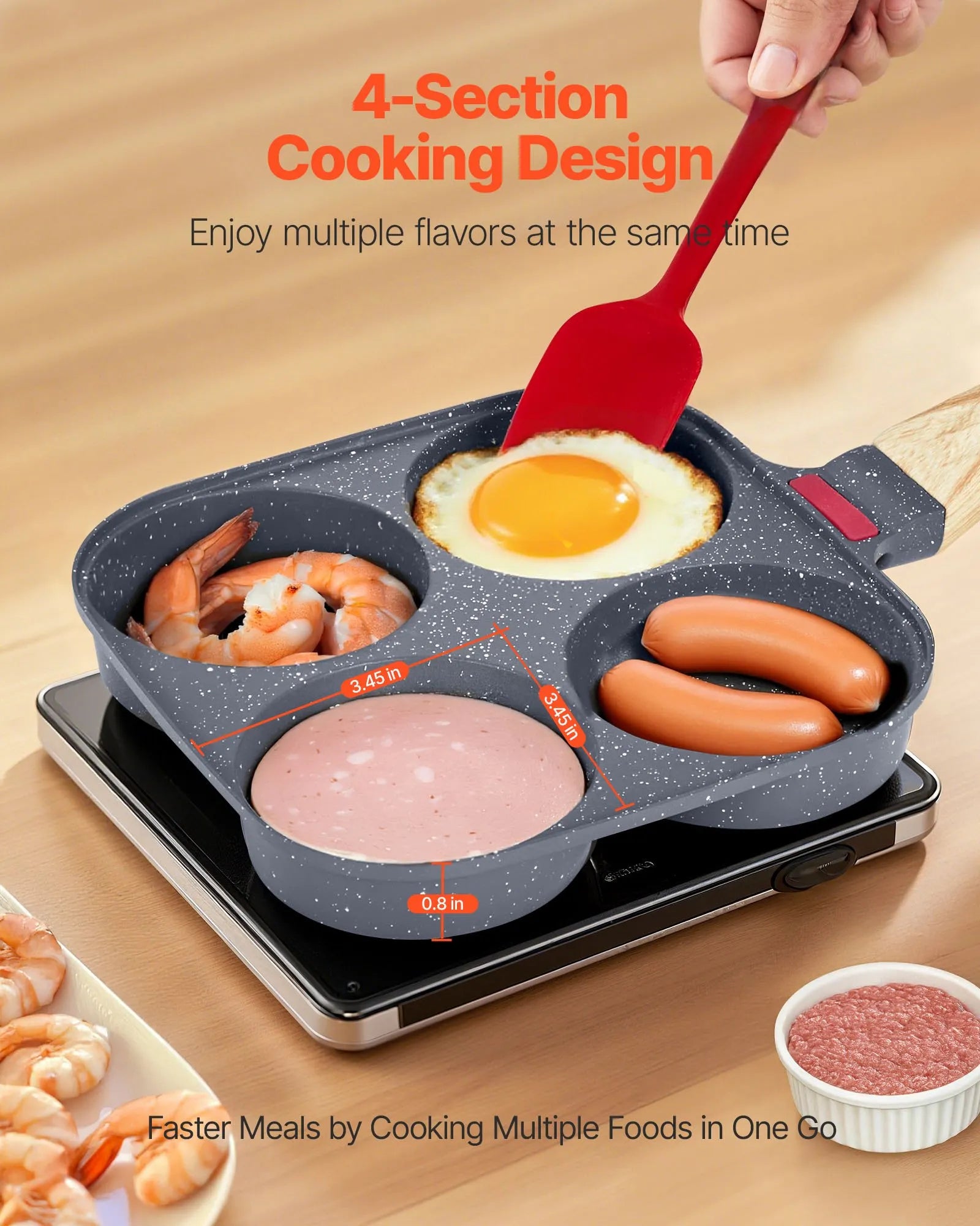 NEW Egg Pan, 4-Cup Nonstick Egg Frying Pan, Aluminum Breakfast Omelette Skillet for Pancakes, Hamburgers, Sandwiches, with Lid, Oil Brush, Scraper, Compatible with Gas Stove & Induction Cookware