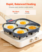 NEW Egg Pan, 4-Cup Nonstick Egg Frying Pan, Aluminum Breakfast Omelette Skillet for Pancakes, Hamburgers, Sandwiches, with Lid, Oil Brush, Scraper, Compatible with Gas Stove & Induction Cookware