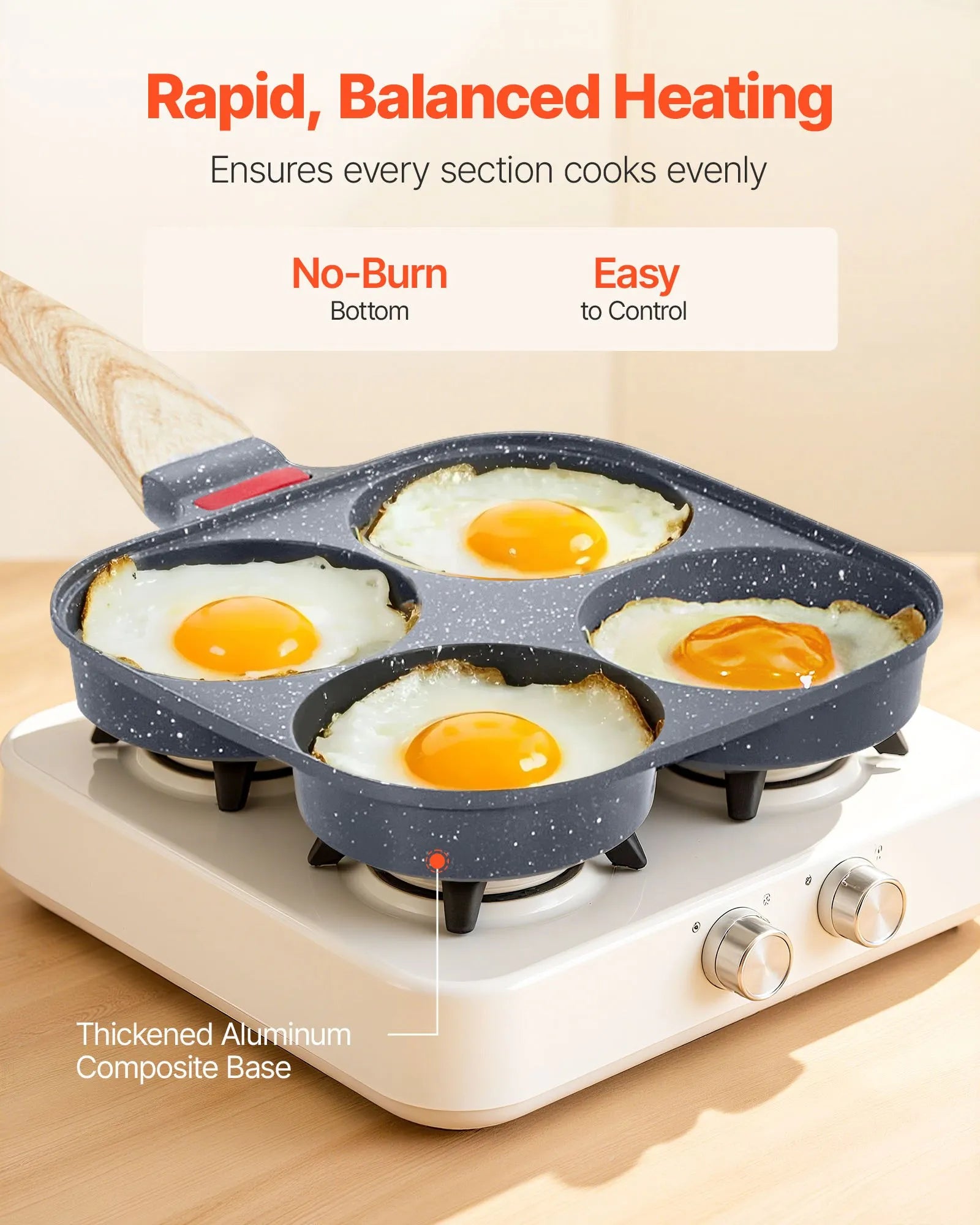 NEW Egg Pan, 4-Cup Nonstick Egg Frying Pan, Aluminum Breakfast Omelette Skillet for Pancakes, Hamburgers, Sandwiches, with Lid, Oil Brush, Scraper, Compatible with Gas Stove & Induction Cookware