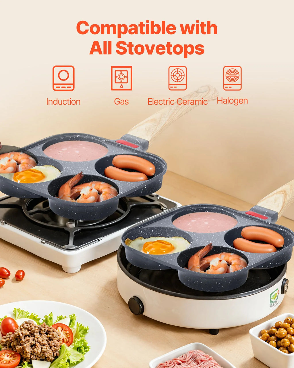 NEW Egg Pan, 4-Cup Nonstick Egg Frying Pan, Aluminum Breakfast Omelette Skillet for Pancakes, Hamburgers, Sandwiches, with Lid, Oil Brush, Scraper, Compatible with Gas Stove & Induction Cookware