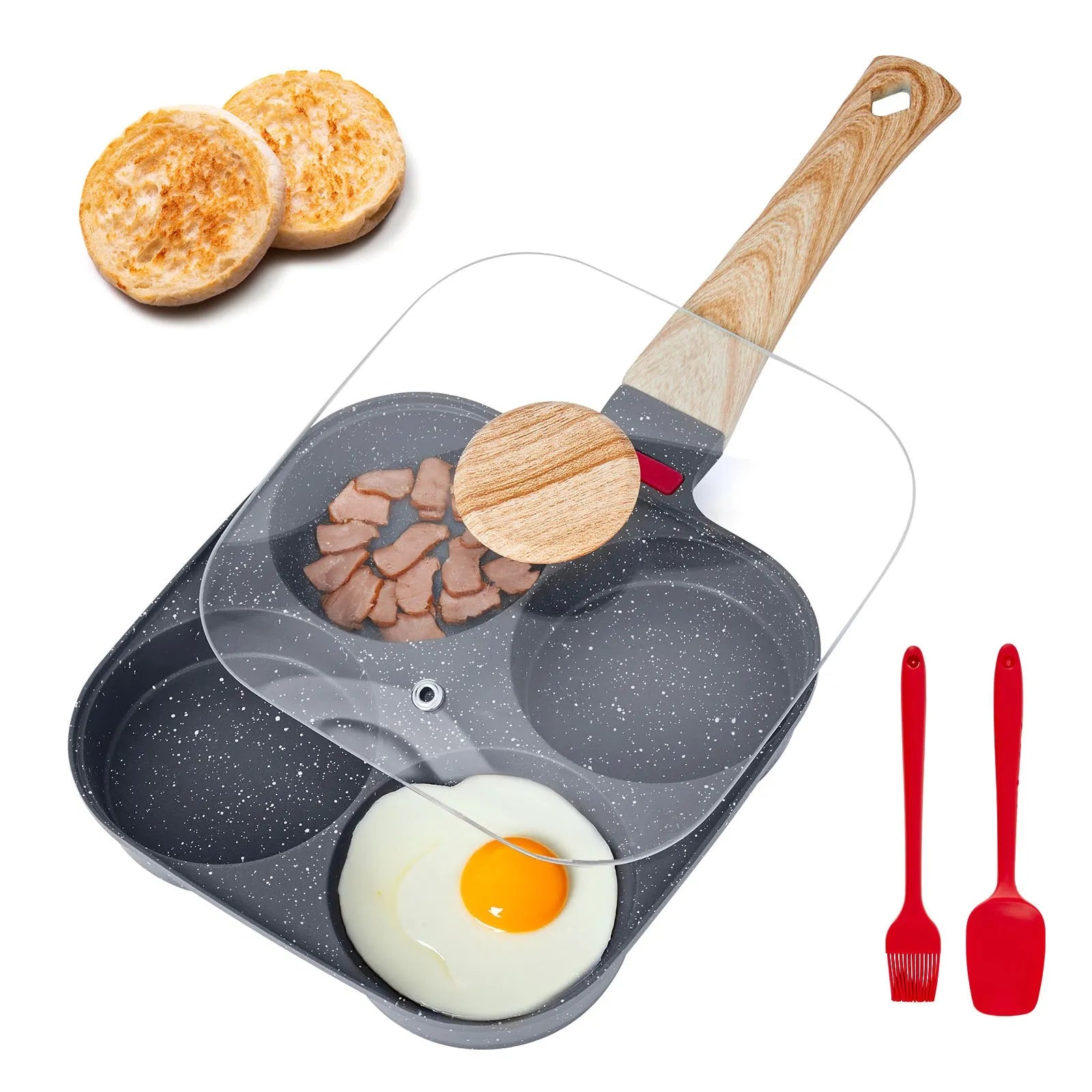 NEW Egg Pan, 4-Cup Nonstick Egg Frying Pan, Aluminum Breakfast Omelette Skillet for Pancakes, Hamburgers, Sandwiches, with Lid, Oil Brush, Scraper, Compatible with Gas Stove & Induction Cookware