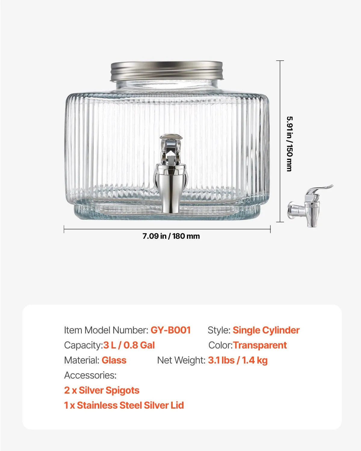 NEW Beverage Dispenser, 0.8 Gallon Drink Dispensers for Parties, Glass Juice Dispenser with No-Drip Spigot and Lid, Iced Tea Lemonade Juice Water Dispensers for Restaurants, Hotels, Parties