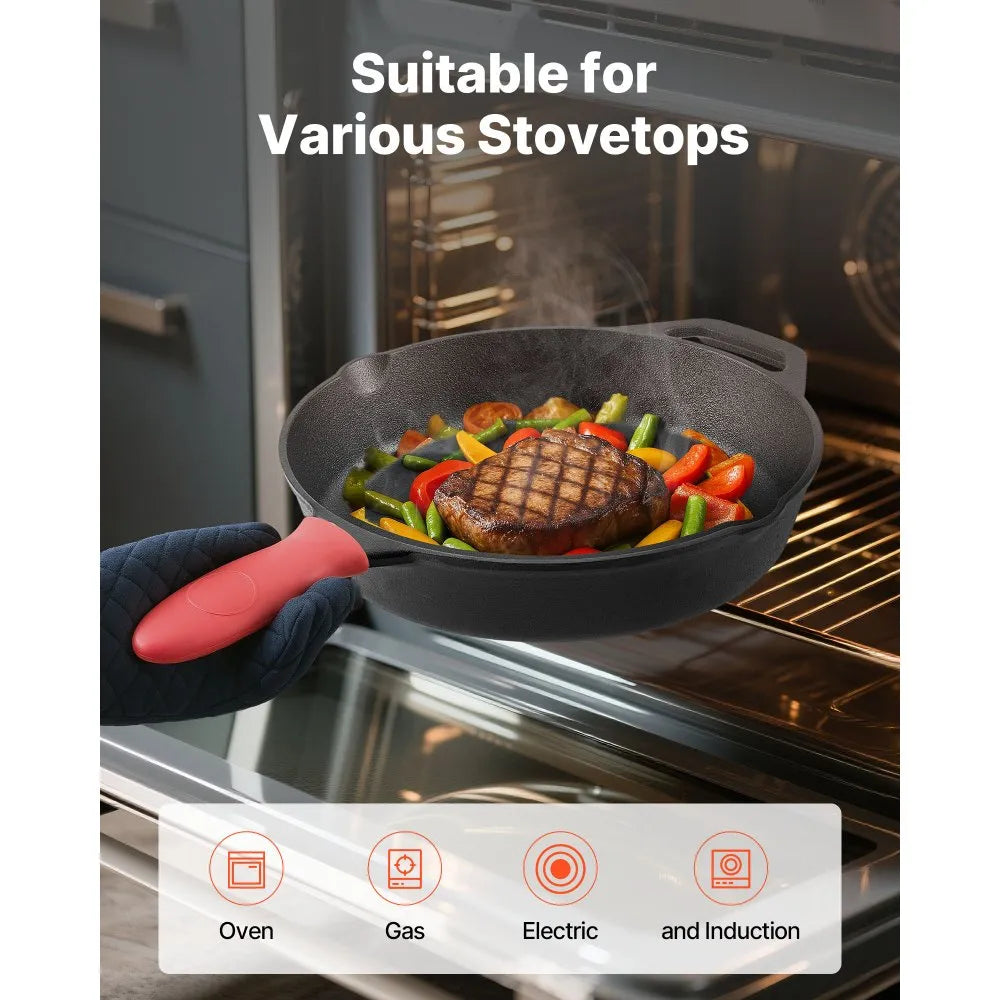 NEW Cast Iron Skillet, 4-Piece Frying Pan Set (6, 8, 10, 12 in), Skillets with Heat-Resistant Silicone Handle, Pre-Seasoned Chef's Pan, Kitchen Cookware, for Oven, Gas, Electrical, Induction, Black