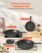 NEW Cast Iron Skillet, 4-Piece Frying Pan Set (6, 8, 10, 12 in), Skillets with Heat-Resistant Silicone Handle, Pre-Seasoned Chef's Pan, Kitchen Cookware, for Oven, Gas, Electrical, Induction, Black