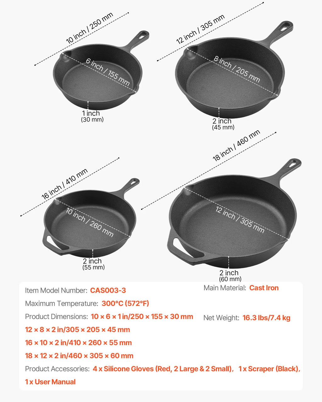 NEW Cast Iron Skillet, 4-Piece Frying Pan Set (6, 8, 10, 12 in), Skillets with Heat-Resistant Silicone Handle, Pre-Seasoned Chef's Pan, Kitchen Cookware, for Oven, Gas, Electrical, Induction, Black