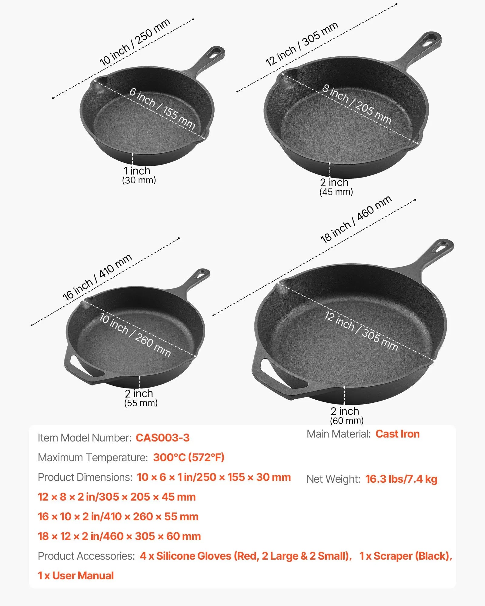 NEW Cast Iron Skillet, 4-Piece Frying Pan Set (6, 8, 10, 12 in), Skillets with Heat-Resistant Silicone Handle, Pre-Seasoned Chef's Pan, Kitchen Cookware, for Oven, Gas, Electrical, Induction, Black