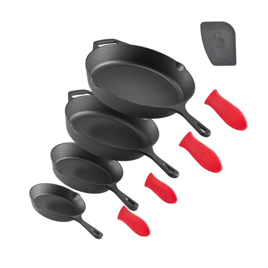 NEW Cast Iron Skillet, 4-Piece Frying Pan Set (6, 8, 10, 12 in), Skillets with Heat-Resistant Silicone Handle, Pre-Seasoned Chef's Pan, Kitchen Cookware, for Oven, Gas, Electrical, Induction, Black
