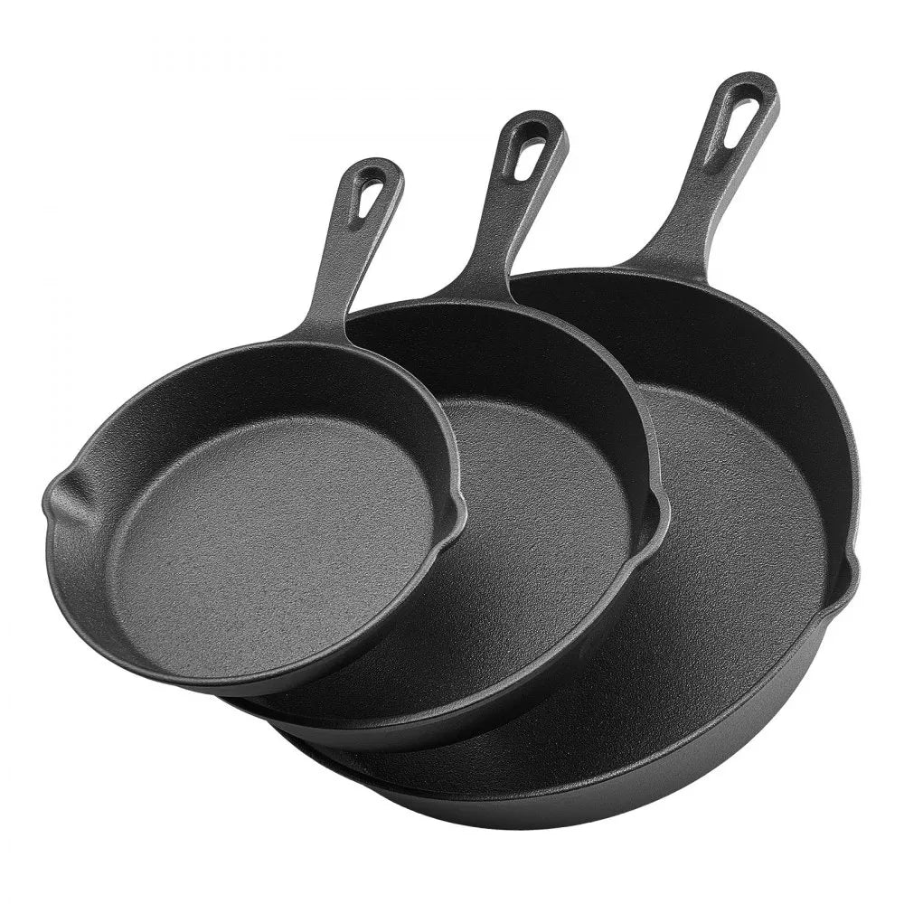 NEW Cast Iron Skillet, 4-Piece Frying Pan Set (6, 8, 10, 12 in), Skillets with Heat-Resistant Silicone Handle, Pre-Seasoned Chef's Pan, Kitchen Cookware, for Oven, Gas, Electrical, Induction, Black