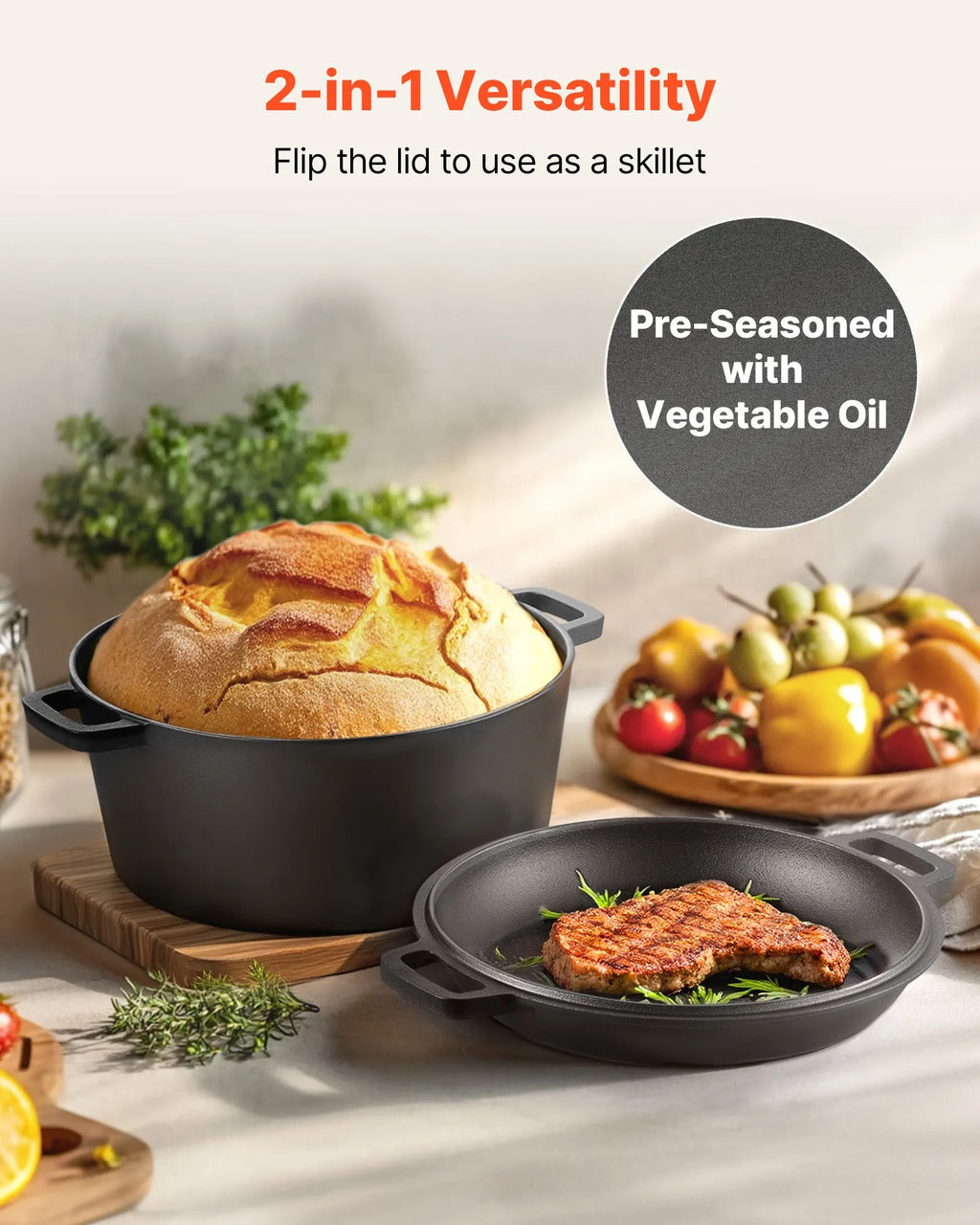 NEW Cast Iron Dutch Oven, 2-in-1 Pre-Seasoned Pot with Skillet Lid, 5QT Cookware Pan with Proofing Basket, Bread Baking Accessories, Bread-Oven Compatible 500℉